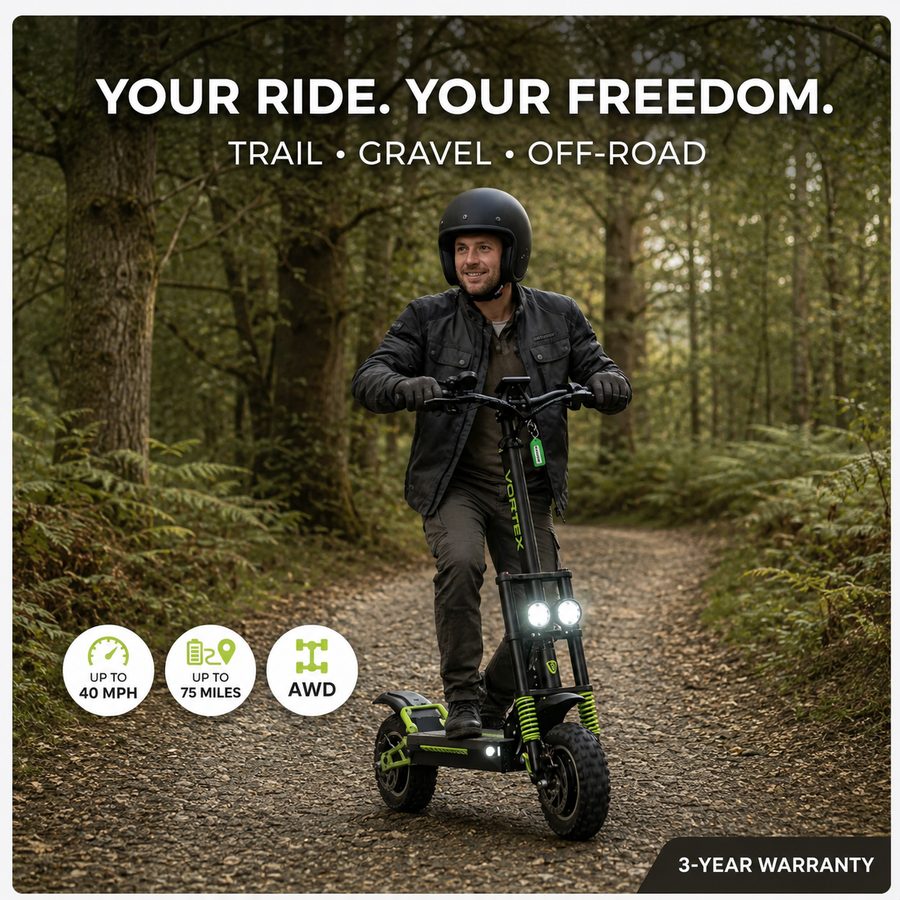 Rider on a VORTEX Z10 on a private woodland trail